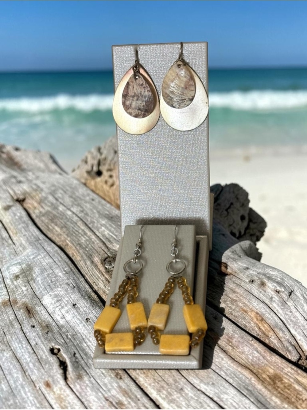 Set/2 Gold Brass Shell and Beaded Earrings